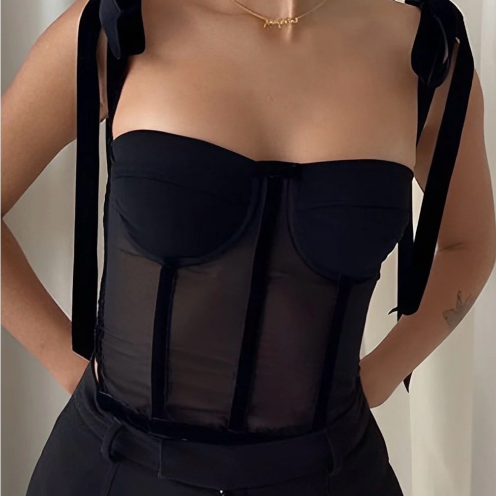 Black Sheer Corset Top with Bow Straps